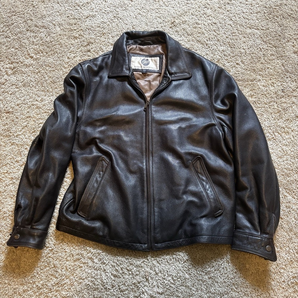 Vintage 90s Stone Mountain Leather Jacket Full Zip Bomber Men's Large Dark Brown